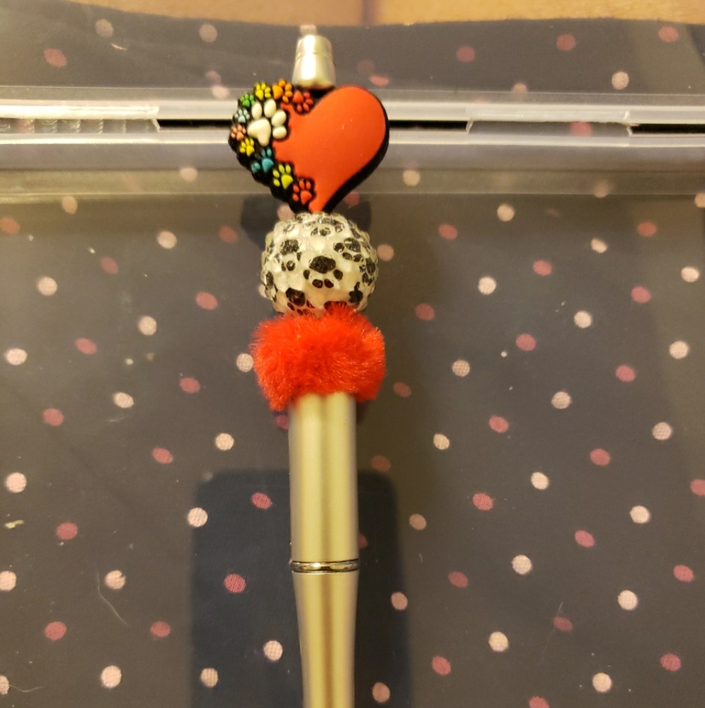 Handmade Red Heart With Paw Prints Focal Bead Beaded Pen